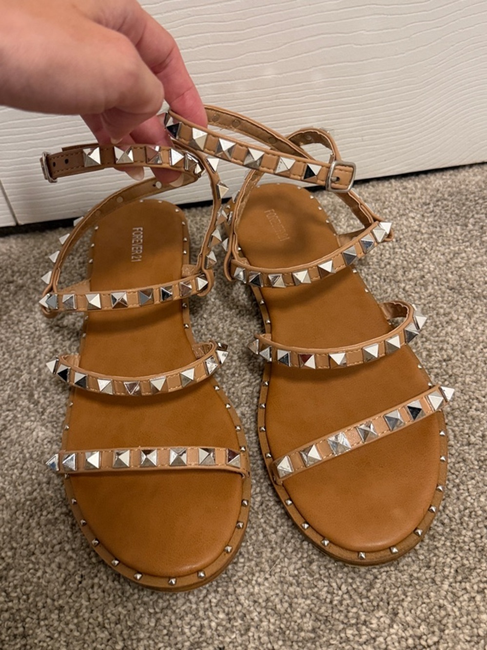Tan Studded Multi-Strap Flat Sandals